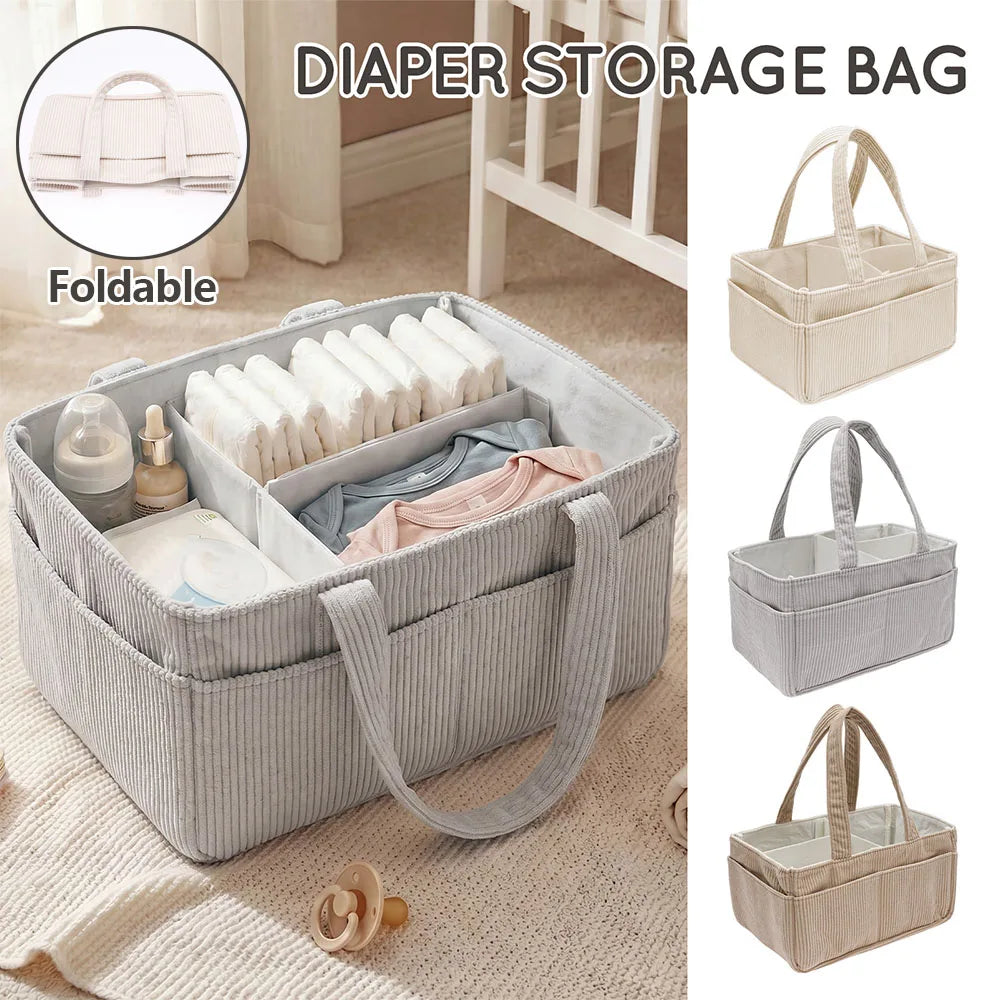 Portable Baby Diaper Caddy Organizer – Soft Corduroy Nursery Storage Basket with Handle, Multi-Pocket Baby Essentials & Toy Organizer