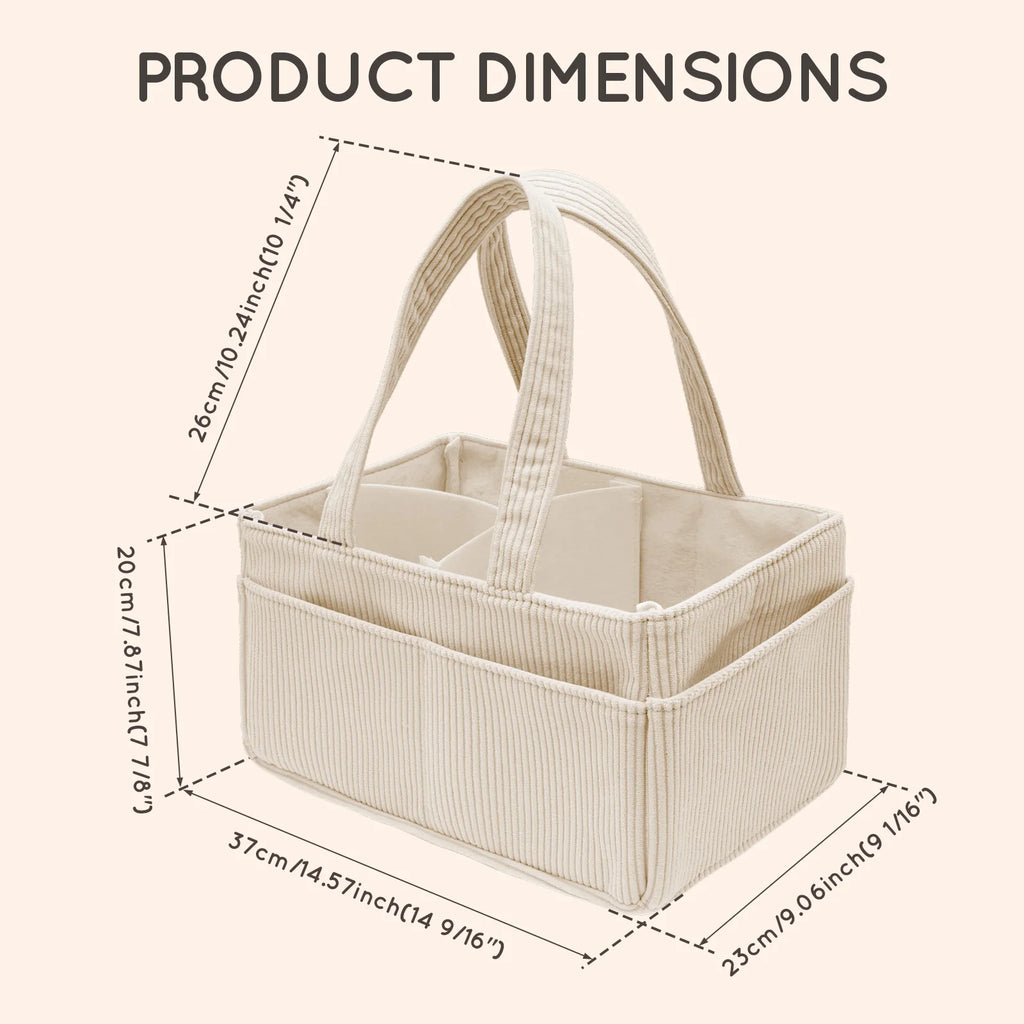 Portable Baby Diaper Caddy Organizer – Soft Corduroy Nursery Storage Basket with Handle, Multi-Pocket Baby Essentials & Toy Organizer