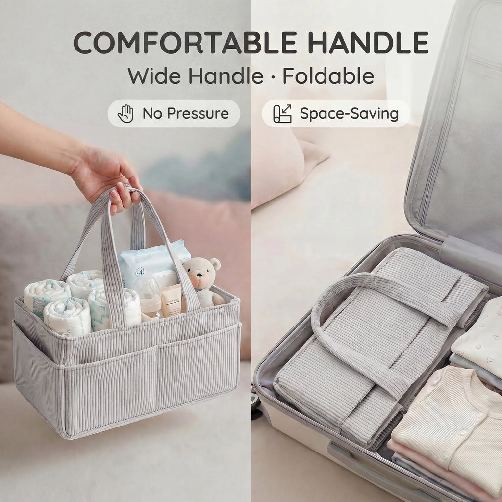 Portable Baby Diaper Caddy Organizer – Soft Corduroy Nursery Storage Basket with Handle, Multi-Pocket Baby Essentials & Toy Organizer