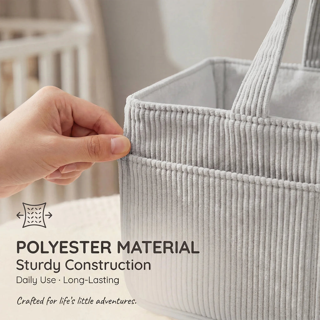 Portable Baby Diaper Caddy Organizer – Soft Corduroy Nursery Storage Basket with Handle, Multi-Pocket Baby Essentials & Toy Organizer