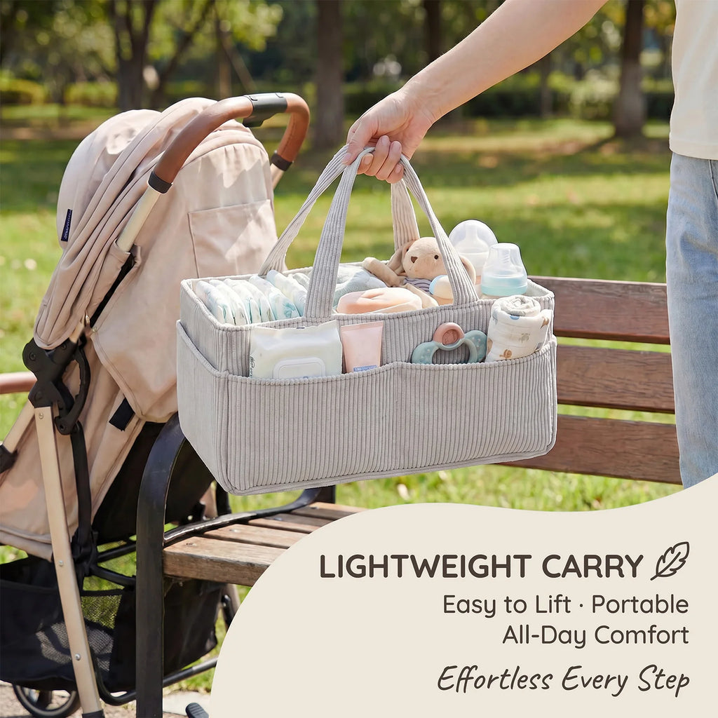 Portable Baby Diaper Caddy Organizer – Soft Corduroy Nursery Storage Basket with Handle, Multi-Pocket Baby Essentials & Toy Organizer