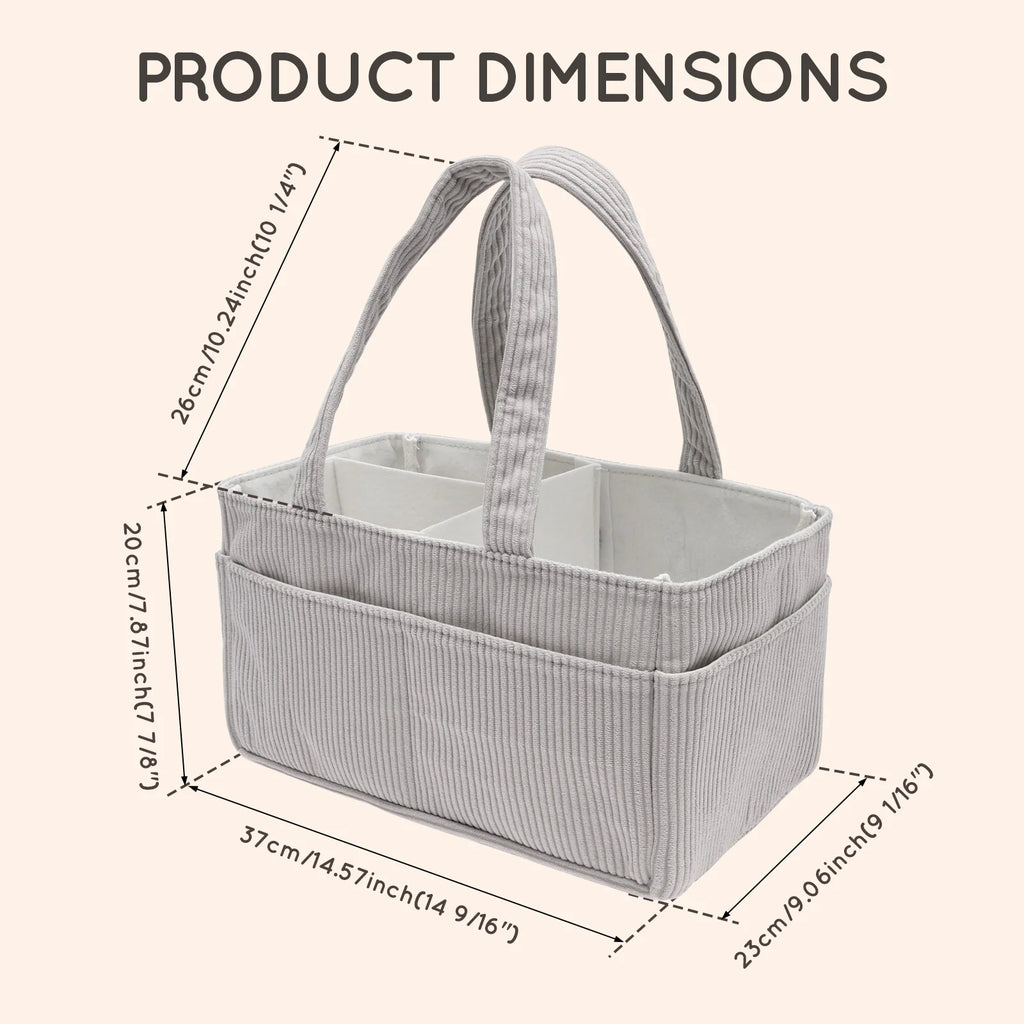 Portable Baby Diaper Caddy Organizer – Soft Corduroy Nursery Storage Basket with Handle, Multi-Pocket Baby Essentials & Toy Organizer