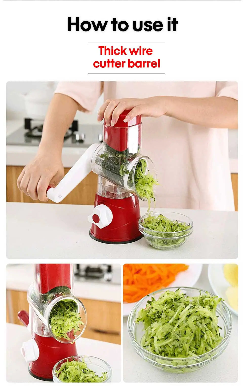 Cortador de Verduras Manual, Rallador de Queso Rotatorio, Rebanador Mandolina Redondo, Rallador con 3 Cuchillas de Acero Inoxidable, Accesorios de Cocina