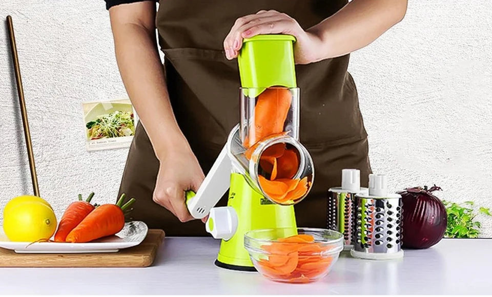 Cortador de Verduras Manual, Rallador de Queso Rotatorio, Rebanador Mandolina Redondo, Rallador con 3 Cuchillas de Acero Inoxidable, Accesorios de Cocina