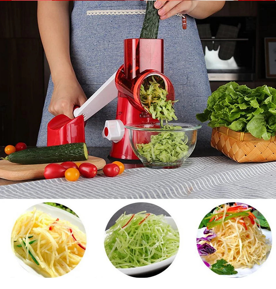 Cortador de Verduras Manual, Rallador de Queso Rotatorio, Rebanador Mandolina Redondo, Rallador con 3 Cuchillas de Acero Inoxidable, Accesorios de Cocina