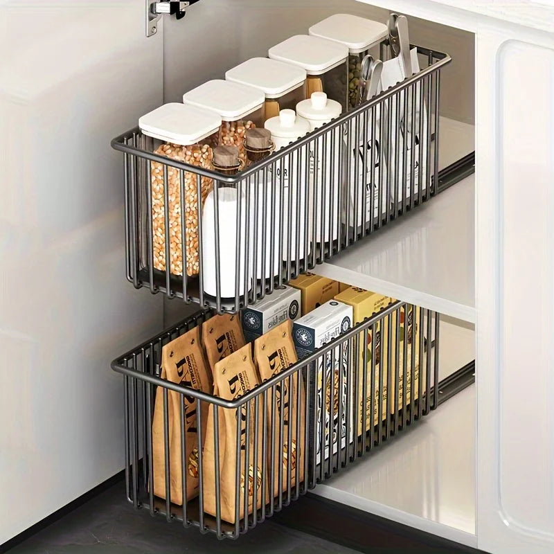 Pull-Out Cabinet Organizer with Sliding Storage Basket – No Drilling