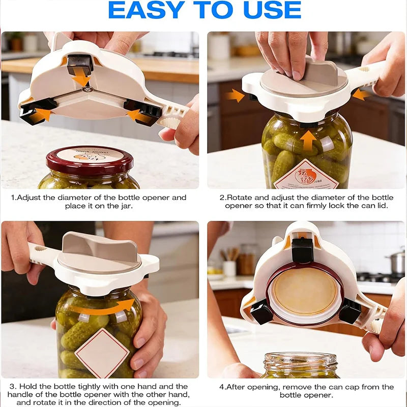 4-in-1 Adjustable Jar Opener with Stainless Steel Grip for Lids, Bottles & Kitchen Use