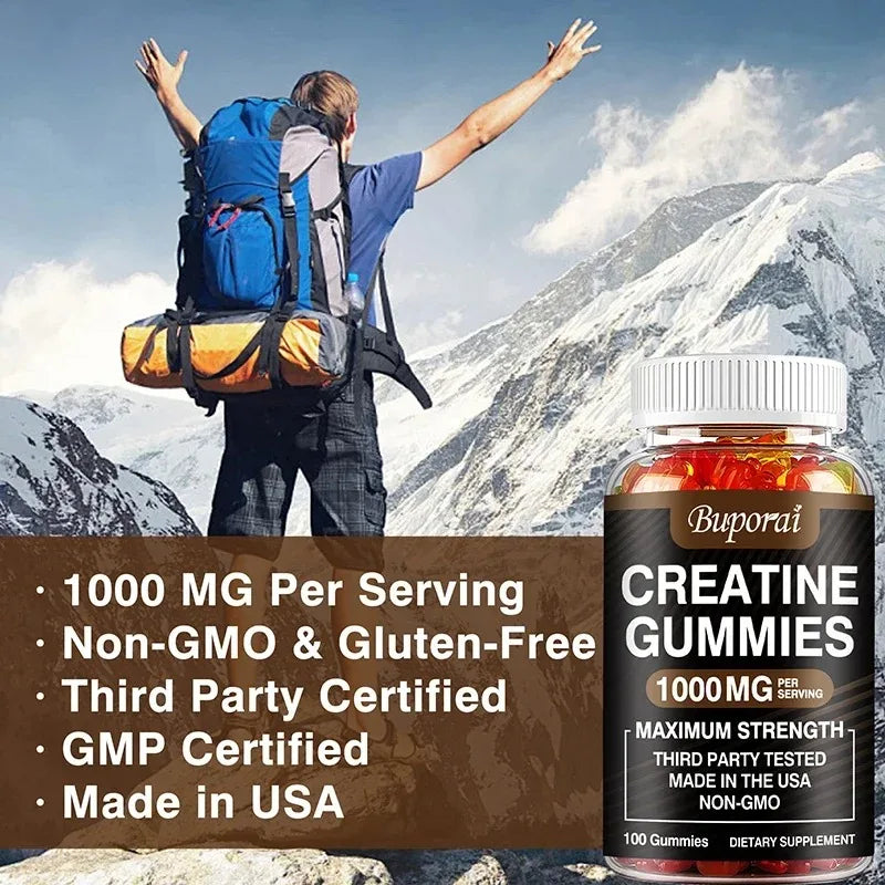 Creatine Monohydrate Gummies for Adults – Strawberry Flavor Supplement for Muscle Strength, Workout Performance & Recovery Support