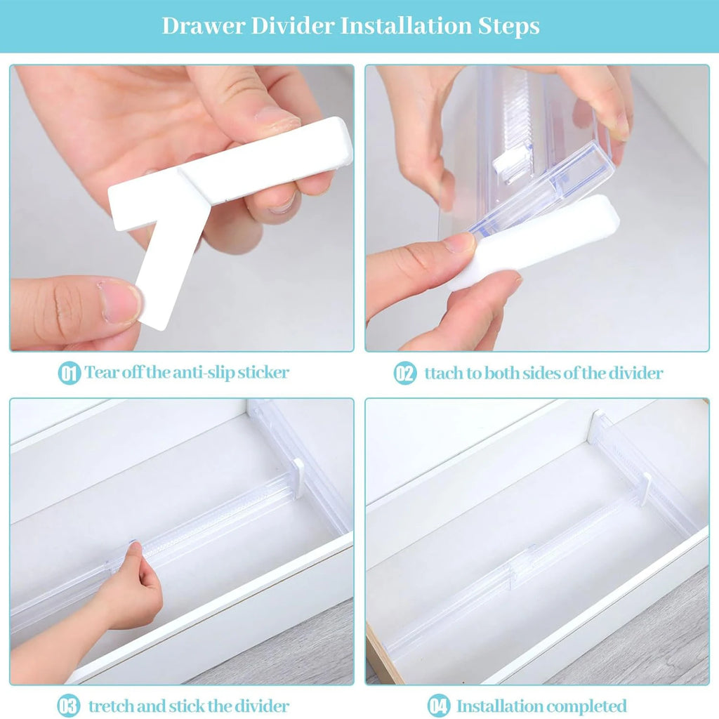 6 Pack Adjustable Drawer Dividers – Expandable Clear Drawer Organizer for Clothes, Kitchen Utensils, Tableware & Home Storage