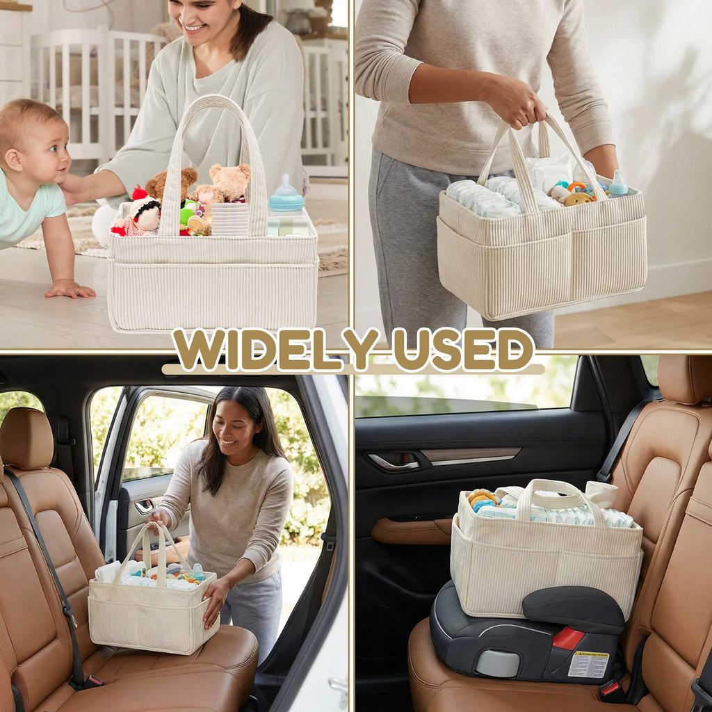 Baby Diaper Caddy Organizer – Corduroy Nursery Storage Basket with Handle, Multi-Compartment Baby Essentials Organizer for Diapers & Toys