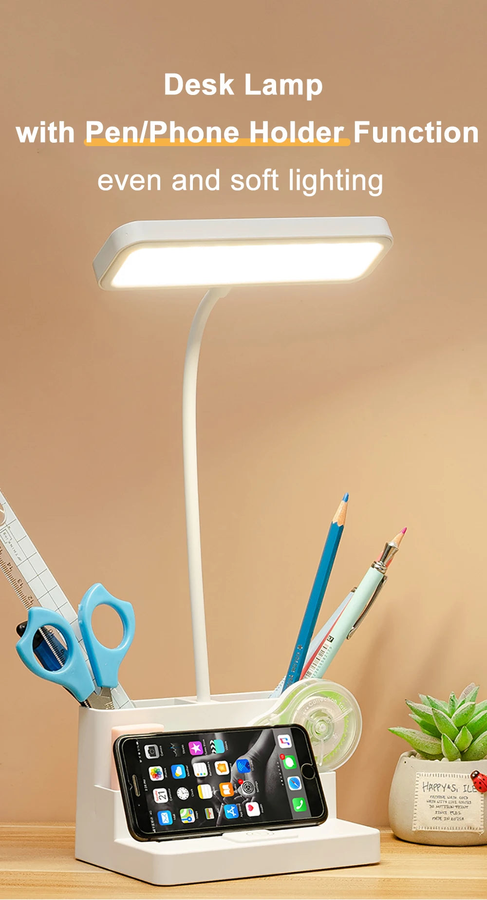Rechargeable LED Desk Lamp with Pen Holder, Phone Stand & USB Charging