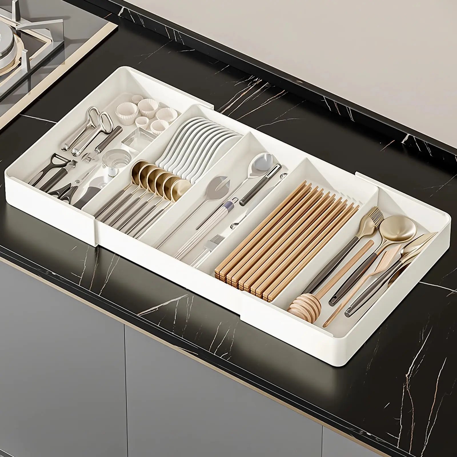 Organizador de cajones, Bandeja de cubiertos para cajón de cocina, Utensilio expandible con compartimento, Soporte para cucharas, tenedores y cuchillos
