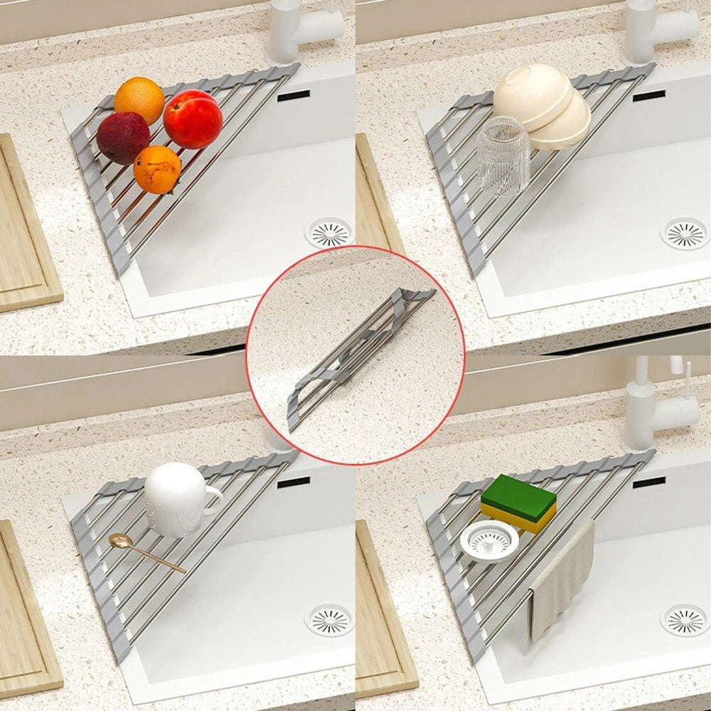 Roll Up Triangle Sink Drying Rack with Drainage Design for Kitchen Counter Organization