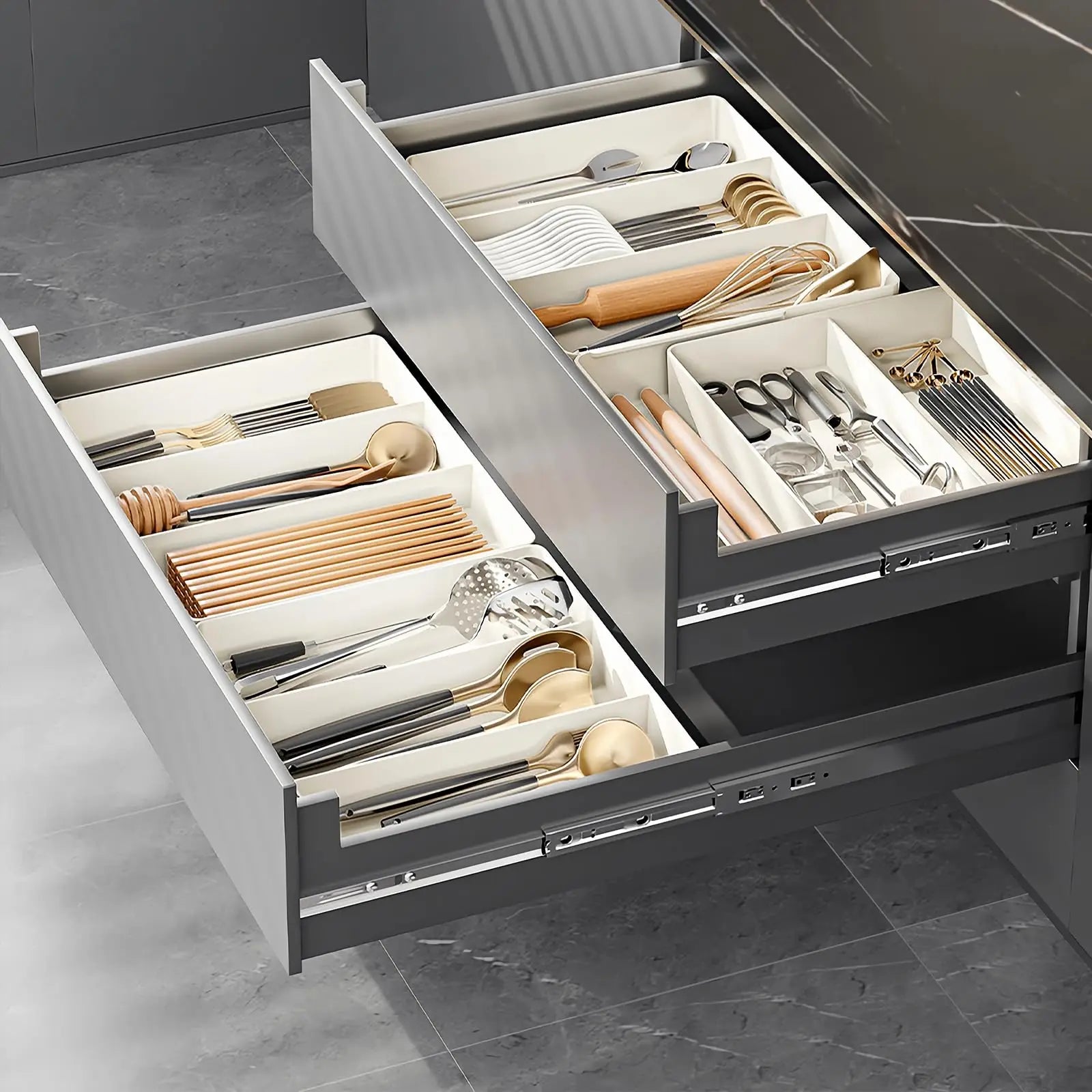 Organizador de cajones, Bandeja de cubiertos para cajón de cocina, Utensilio expandible con compartimento, Soporte para cucharas, tenedores y cuchillos