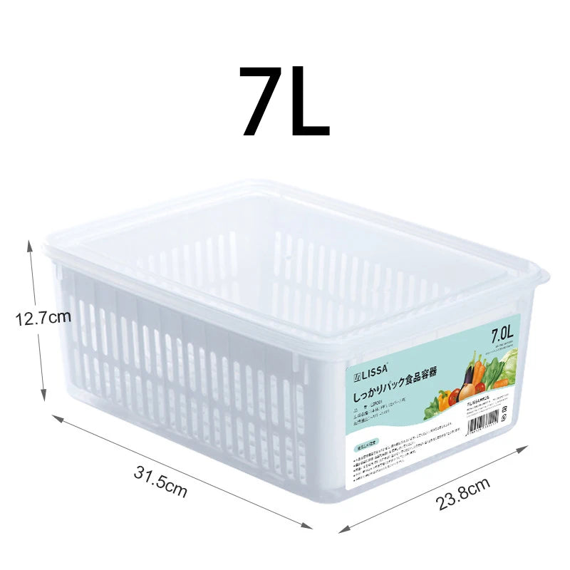 Refrigerator Storage Container with Drain Basket for Fruits & Vegetables