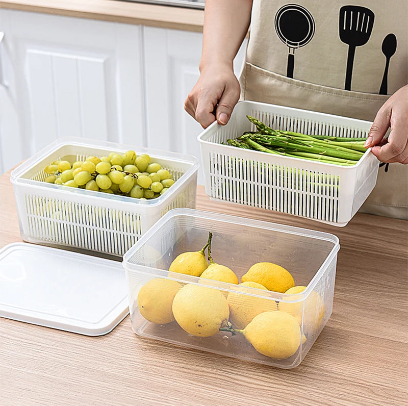 Refrigerator Storage Container with Drain Basket for Fruits & Vegetables