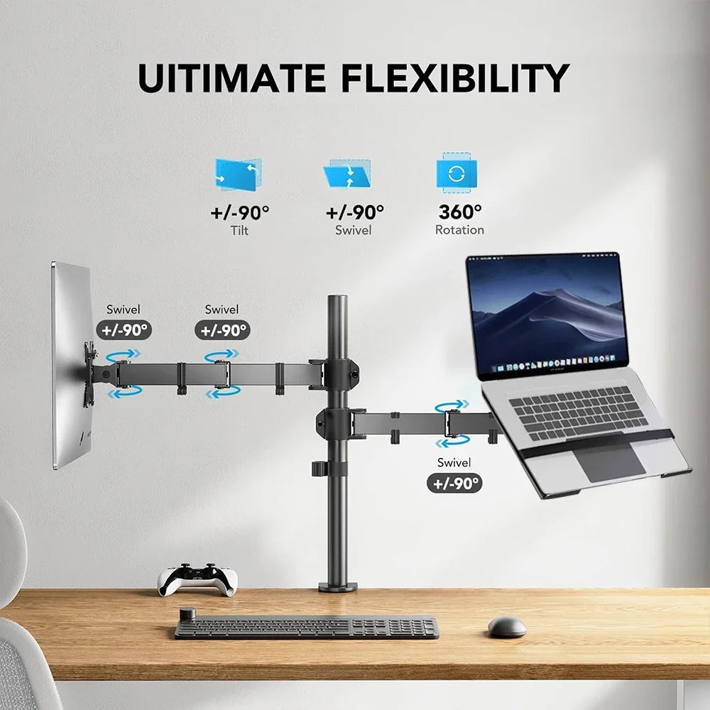 Dual Monitor Stand for 27 Inch Screens with Adjustable Height, Tilt & 360° Rotation