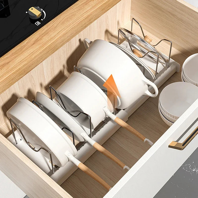 Estante organizador de sartenes expandible con 7 compartimentos ajustables, estante de almacenamiento de platos, organizador de tapas de ollas, soporte de ollas, estante de utensilios de cocina
