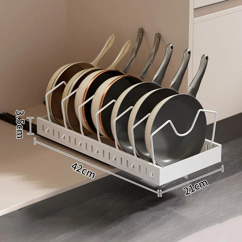 Organizador de ollas y sartenes bajo el gabinete, soporte deslizante para tapas de ollas, estante de almacenamiento de platos y sartenes deslizante y ajustable para cocina