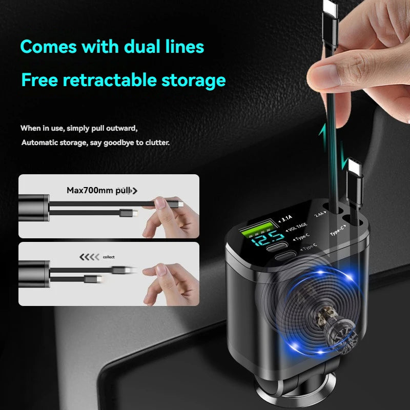 5-in-1 Retractable Car Charger with PD Fast Charging & USB Ports
