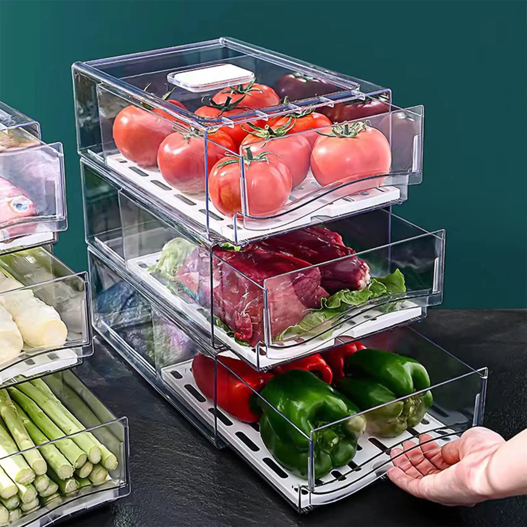 Stackable Refrigerator Organizer Bins with Drain Tray – BPA-Free Food Storage Containers