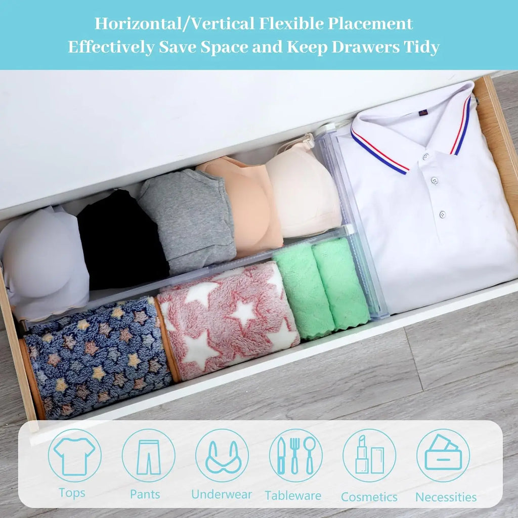 6 Pack Adjustable Drawer Dividers – Expandable Clear Drawer Organizer for Clothes, Kitchen Utensils, Tableware & Home Storage