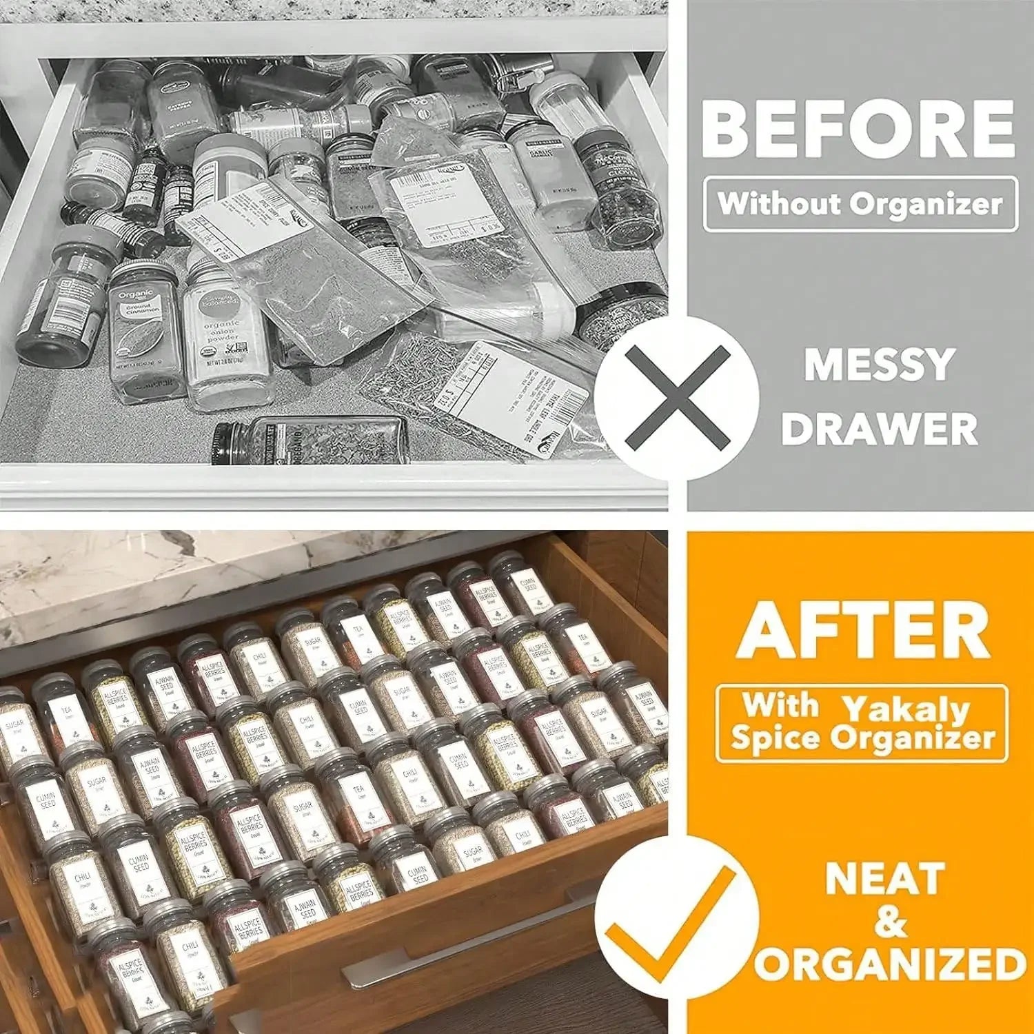 Organizador de cajones para especias de cocina de 2/4 niveles, estante ajustable para especias para tarros de especias, botellas de condimentos, organizador de cocina para despensa o armarios.