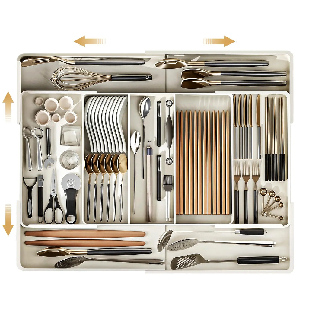 Organizador de cajones, Bandeja de cubiertos para cajón de cocina, Utensilio expandible con compartimento, Soporte para cucharas, tenedores y cuchillos