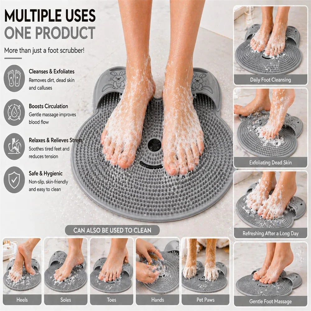Non-Slip Silicone Foot Scrubber Bath Mat – Shower Foot Massager, Exfoliating Cleaning Mat for Bathtub & Bathroom Floor