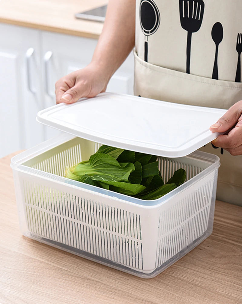 Refrigerator Storage Container with Drain Basket for Fruits & Vegetables
