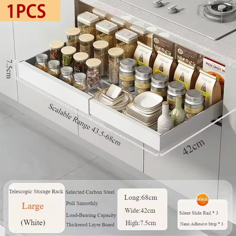 Expandable Pull-Out Cabinet Organizer with Adjustable Sliding Drawer
