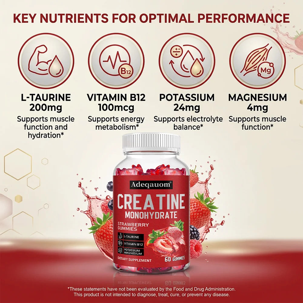 Creatine Monohydrate Gummies – Muscle Strength, Performance & Recovery Support, Strawberry Flavor