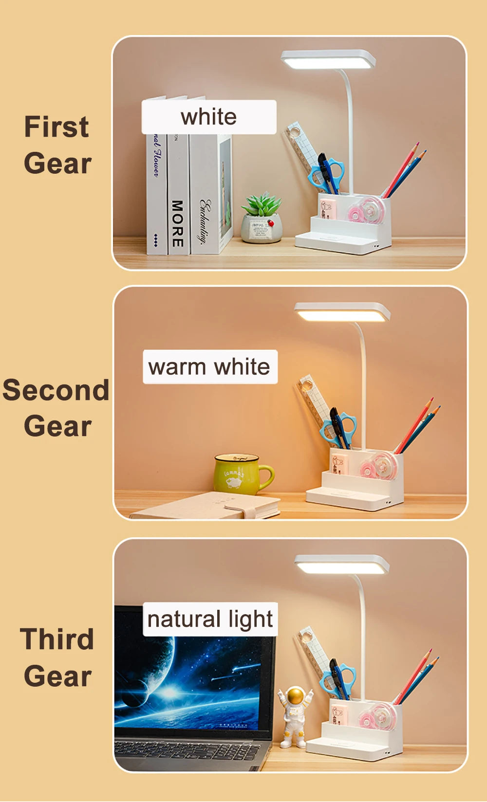 Rechargeable LED Desk Lamp with Pen Holder, Phone Stand & USB Charging