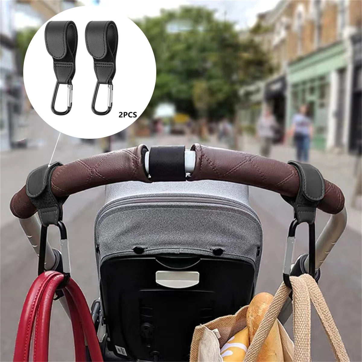 2 ganchos de piel sintética para cochecito de bebé, rotación de 360 grados, organizador de carrito, accesorios de ganchillo para cochecito