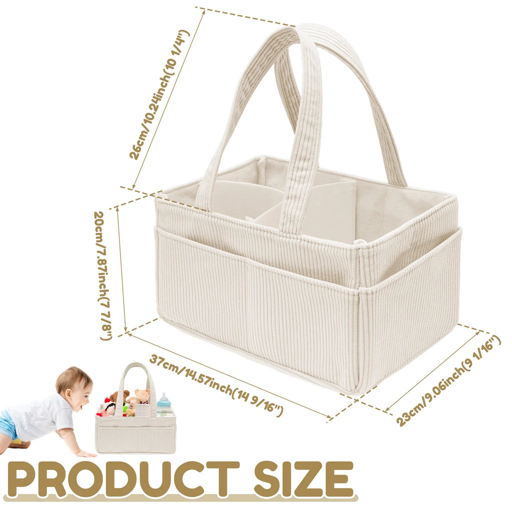 Baby Diaper Caddy Organizer – Corduroy Nursery Storage Basket with Handle, Multi-Compartment Baby Essentials Organizer for Diapers & Toys