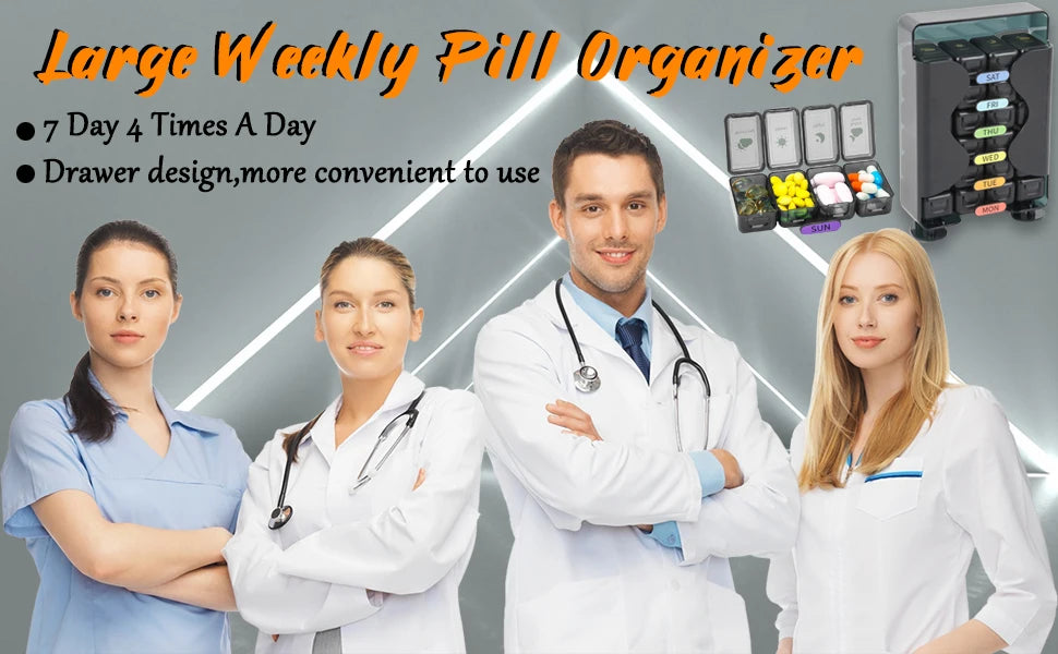 7-Day Weekly Pill Organizer – Large 4 Times a Day Medicine Box with Portable Daily Compartments for Vitamins & Supplements7-Day Weekly Pill Organizer – Large 4 Times a Day Medicine Box with Portable Daily Compartments for Vitamins & Supplements