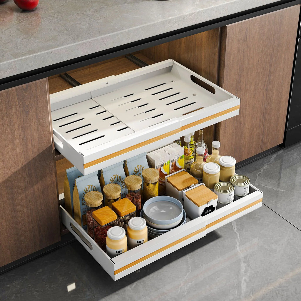 Expandable Pull-Out Cabinet Organizer with Adjustable Sliding Drawer