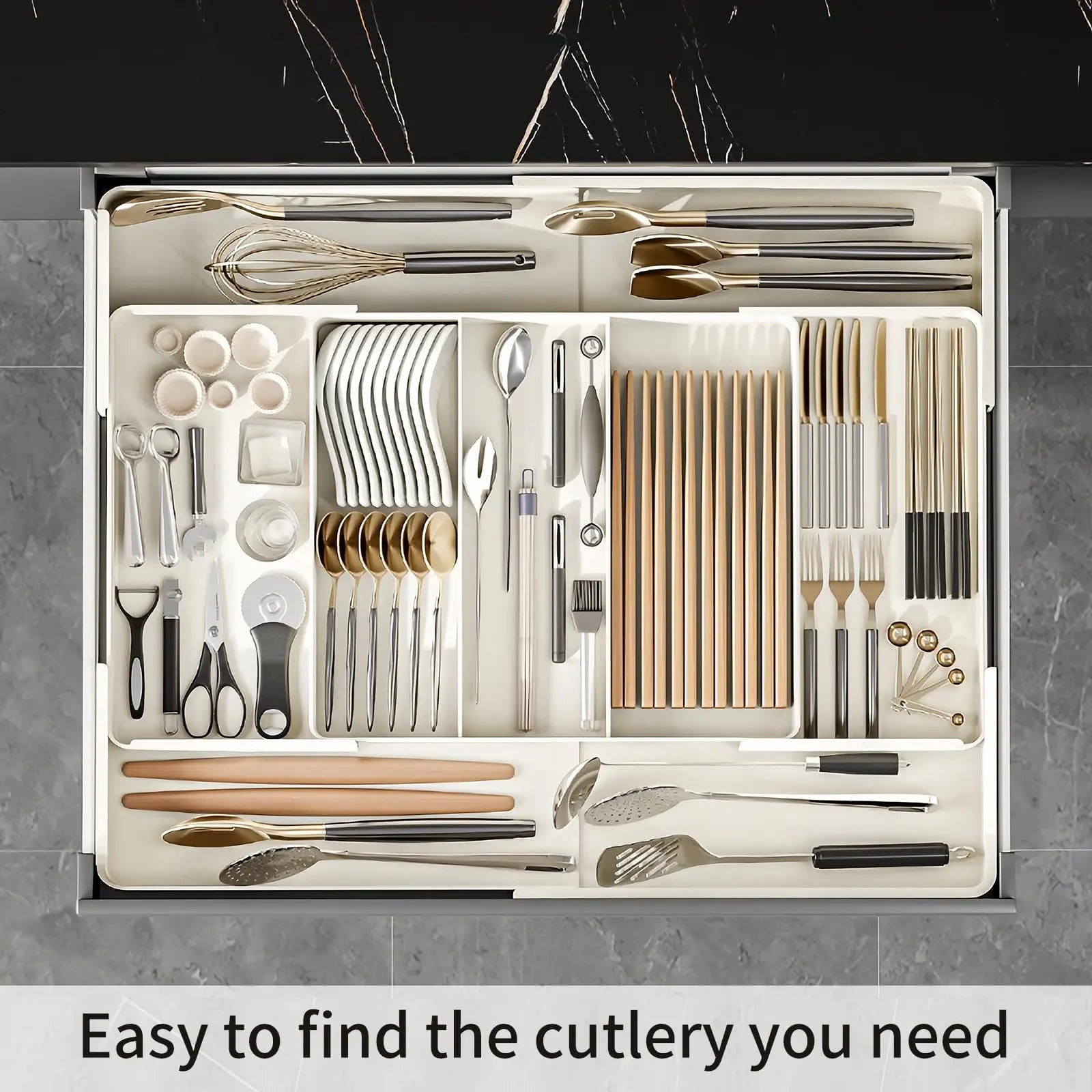 Organizador de cajones, Bandeja de cubiertos para cajón de cocina, Utensilio expandible con compartimento, Soporte para cucharas, tenedores y cuchillos