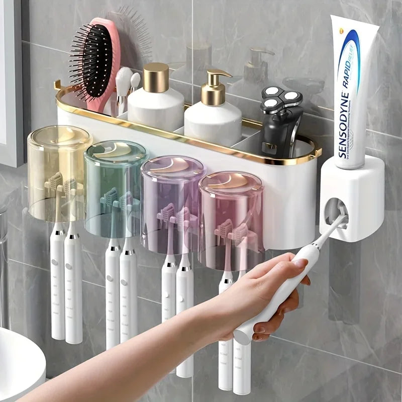 Wall-Mounted Toothbrush Holder with Toothpaste Squeezer & Cup