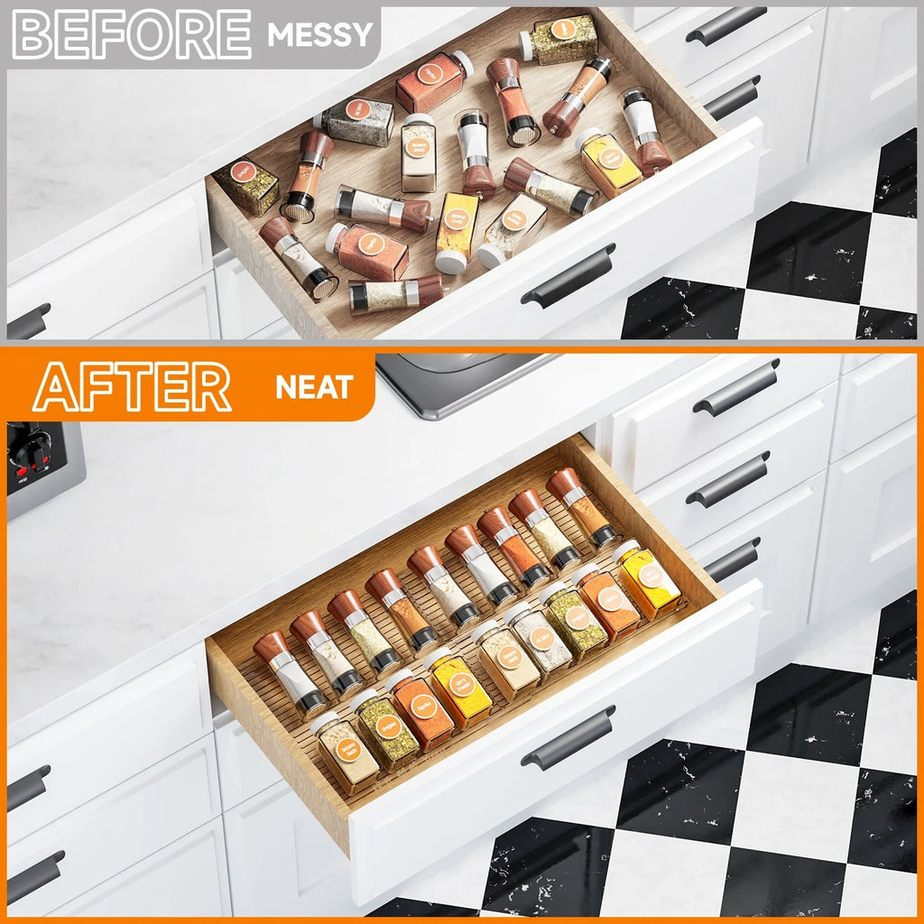 Organizador de cajones para especias extensible de 2 piezas, organizador de cocina de plástico, almacenamiento duradero que ahorra espacio para gabinetes, encimeras