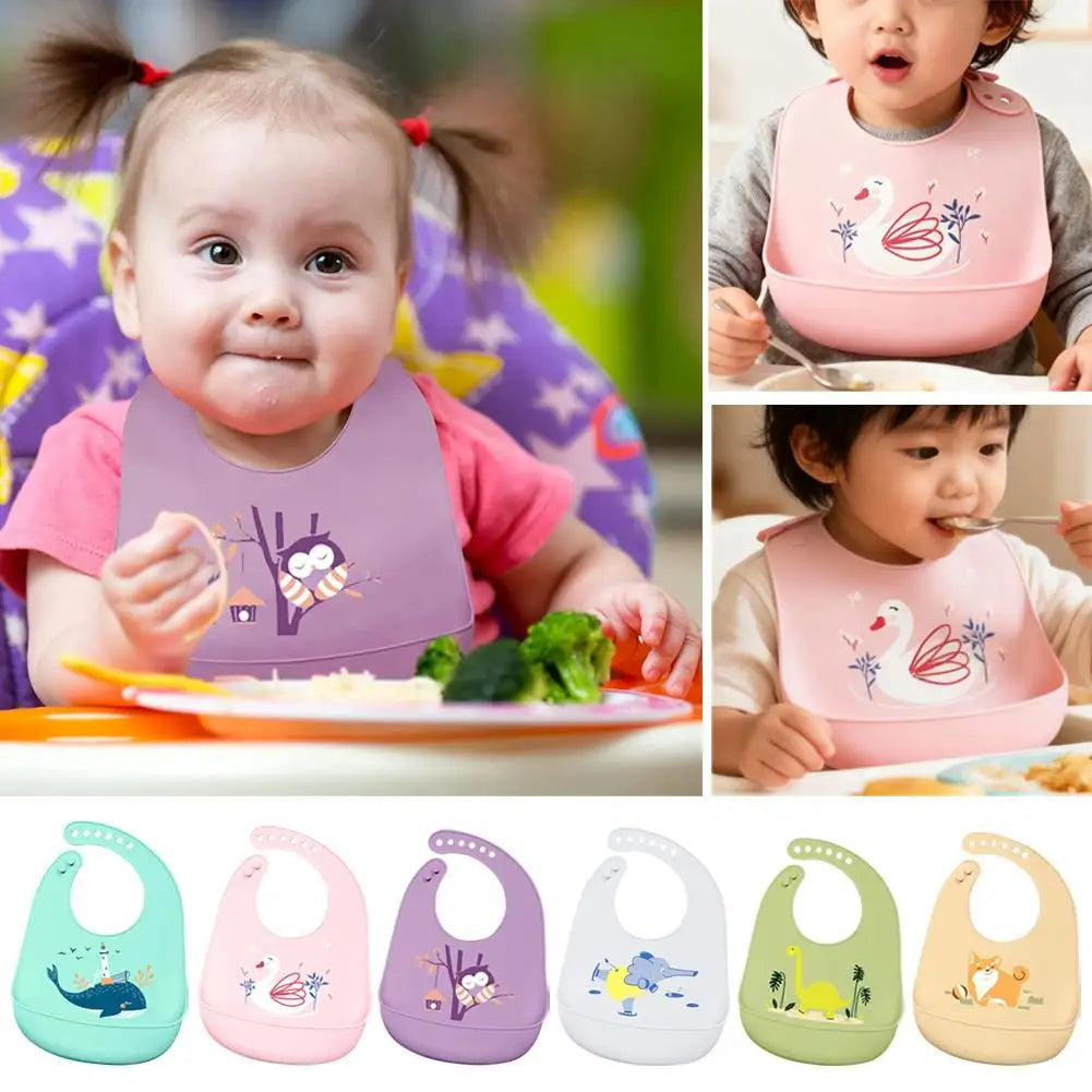 Children Silicone Baby Bib with Large Food Catcher – Waterproof Soft Feeding Bib with Cute Prints for Toddlers 1-3 Years