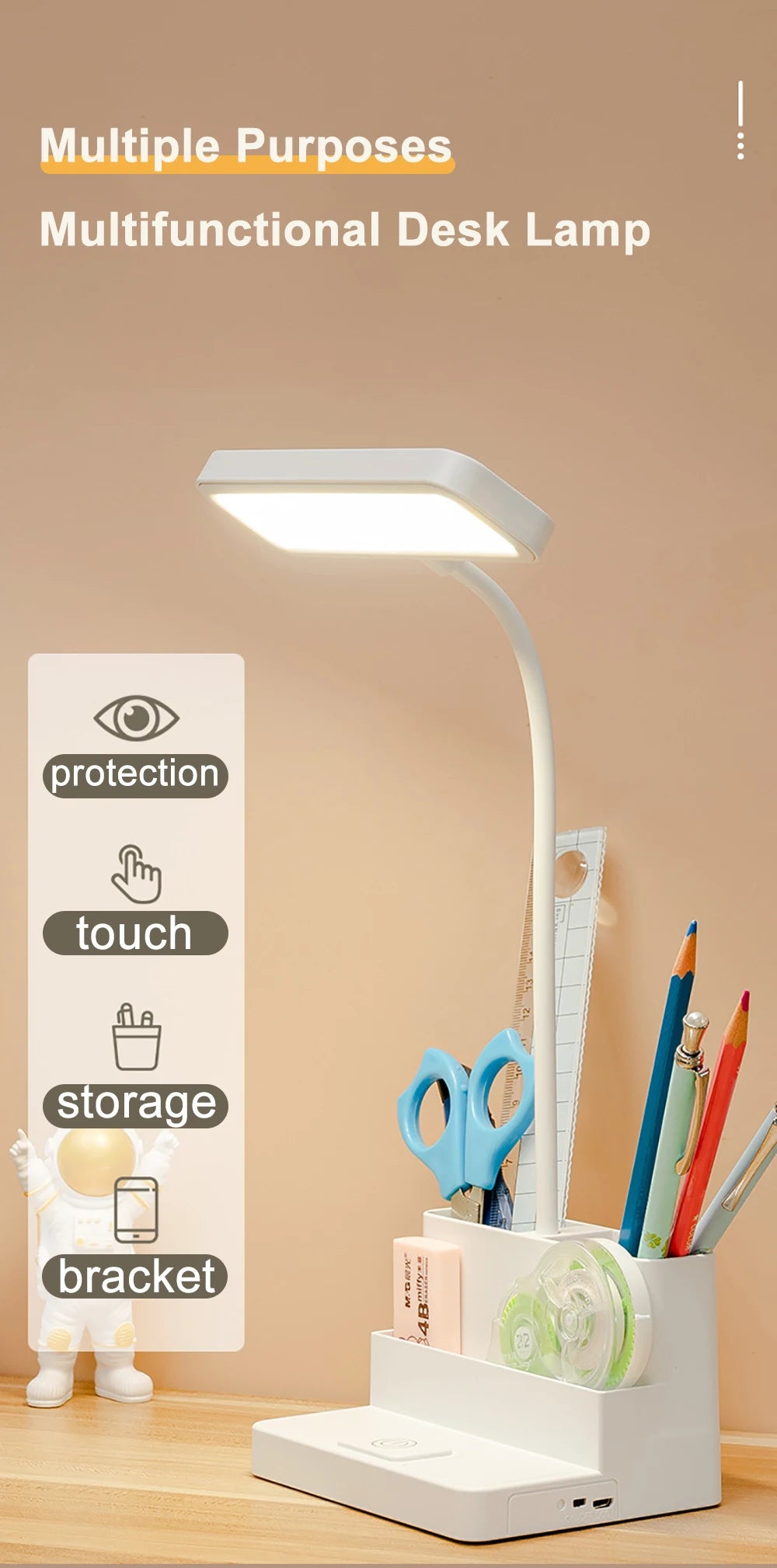 Rechargeable LED Desk Lamp with Pen Holder, Phone Stand & USB Charging