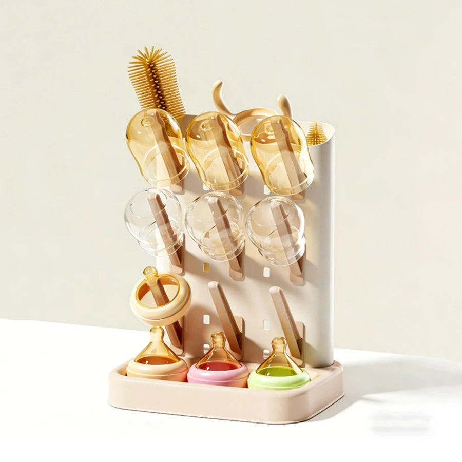Baby Bottle Drying Rack with Detachable Pegs & Drip Tray – Countertop Bottle Dryer Stand for Baby Feeding Supplies