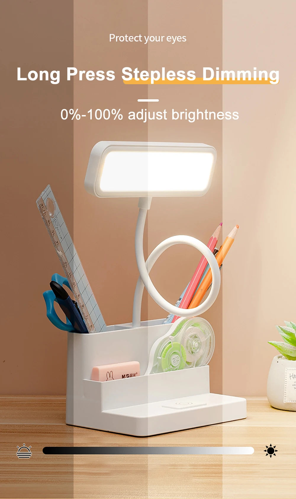 Rechargeable LED Desk Lamp with Pen Holder, Phone Stand & USB Charging