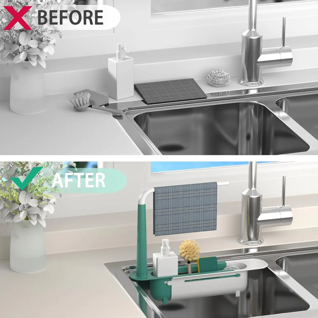 Expandable Sink Organizer Rack with Sponge Holders & Towel Bar