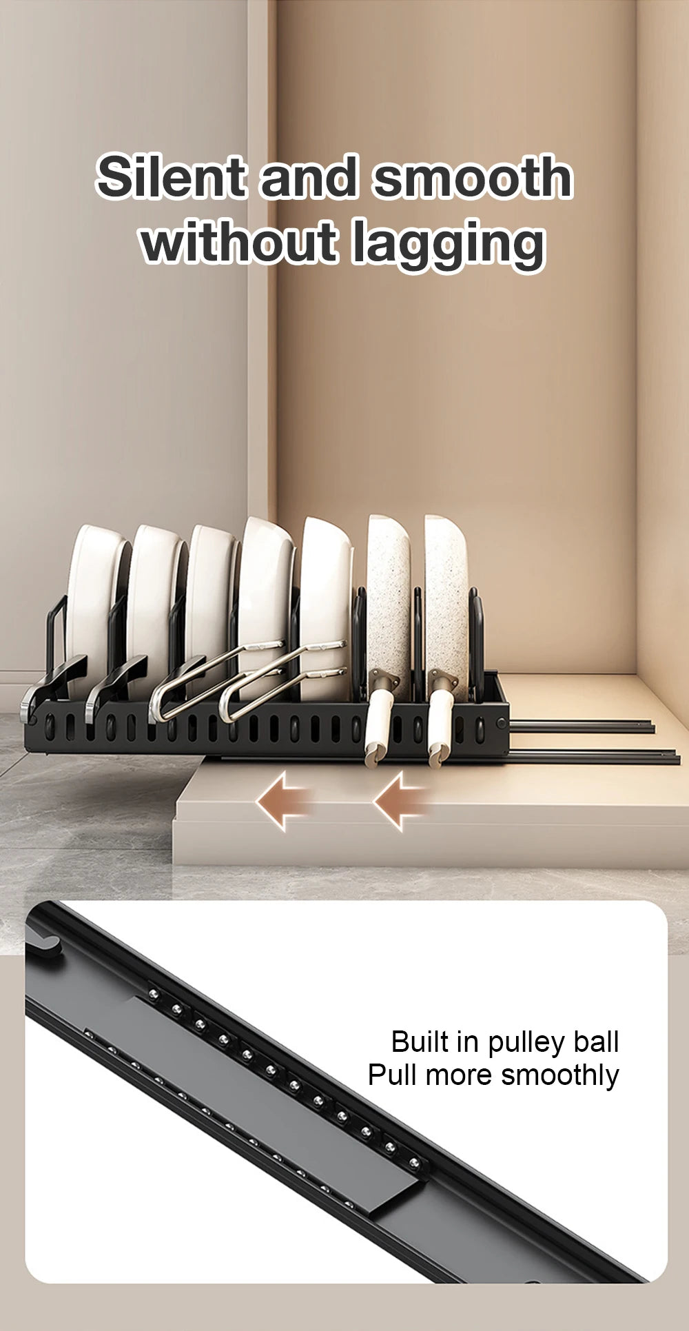 Pull-Out Pots & Pans Organizer for Cabinets – Adjustable Under Cabinet Cookware Storage Rack with 8 Dividers