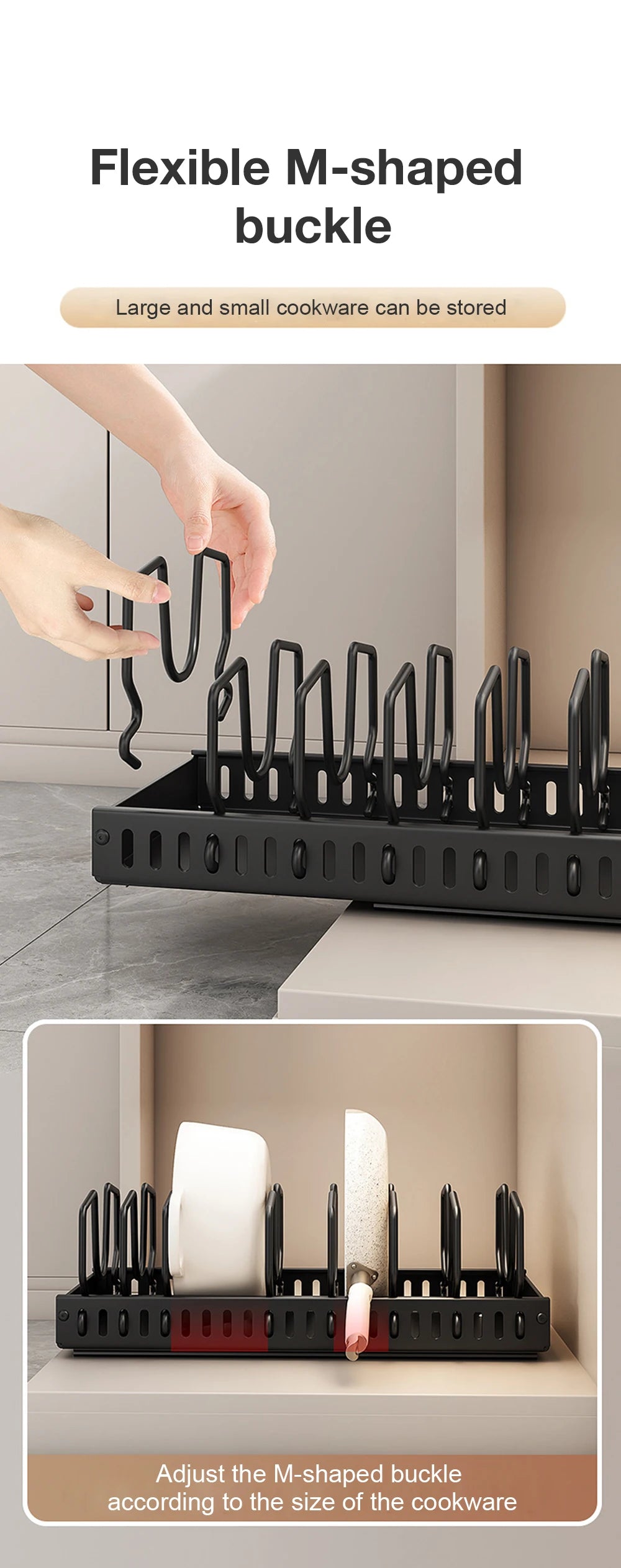 Pull-Out Pots & Pans Organizer for Cabinets – Adjustable Under Cabinet Cookware Storage Rack with 8 Dividers