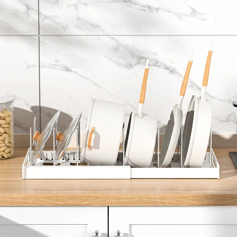 Estante organizador de sartenes expandible con 7 compartimentos ajustables, estante de almacenamiento de platos, organizador de tapas de ollas, soporte de ollas, estante de utensilios de cocina