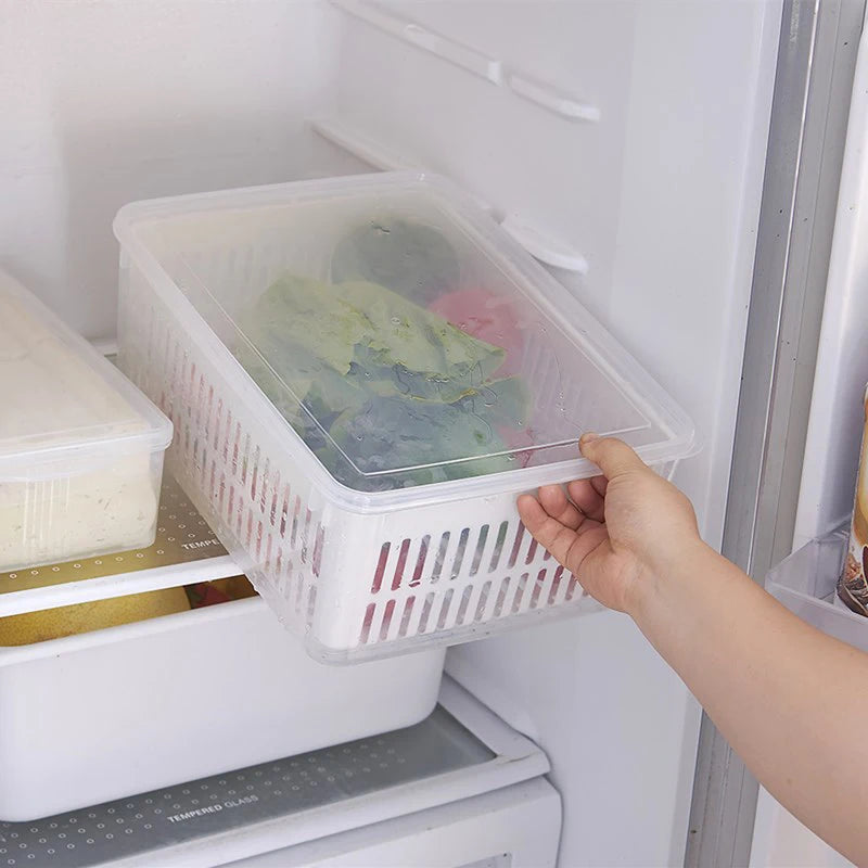 Refrigerator Storage Container with Drain Basket for Fruits & Vegetables