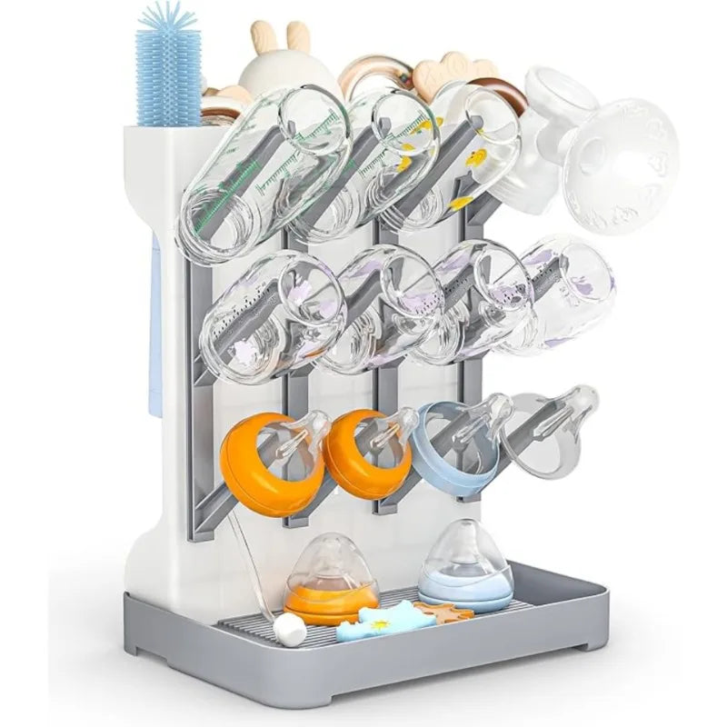 Baby Bottle Drying Rack – Vertical Bottle Drying Organizer with Removable Drip Tray, Space-Saving Holder for Bottles, Nipples & Pump Parts